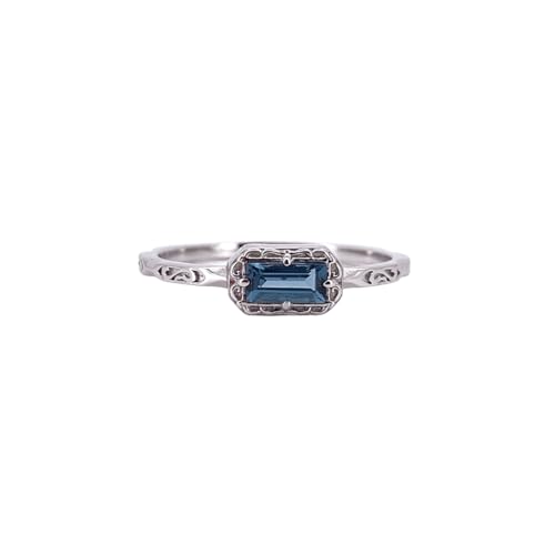 FAMIVES Baguette Wedding Band for Women Solitaire London Blue Topaz Stacking Rings Vintage Filigree Dainty Promise Rings Anniversary Jewelry Size 7