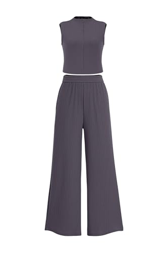 Consejos y reviews para comprar Conjuntos de salón modernos tabla con los diez mejores. 31 PRETTYGARDEN - Conjunto de 2 piezas para mujer, camisetas sin mangas casuales de verano y pantalones de pierna ancha, conjuntos de chándal, Gris oscuro, M