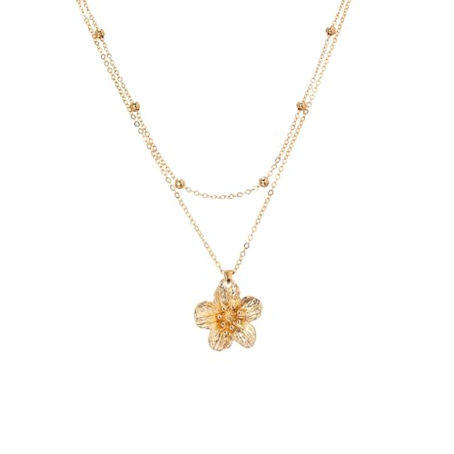 Gold Metal Necklace for Women Folded Flower Pendant Necklace Chunky Boho Floral Layered Gold Necklace Trendy Layered Beaded Chain Drop Necklaces for Women Girls Valentines Day Mothers Day