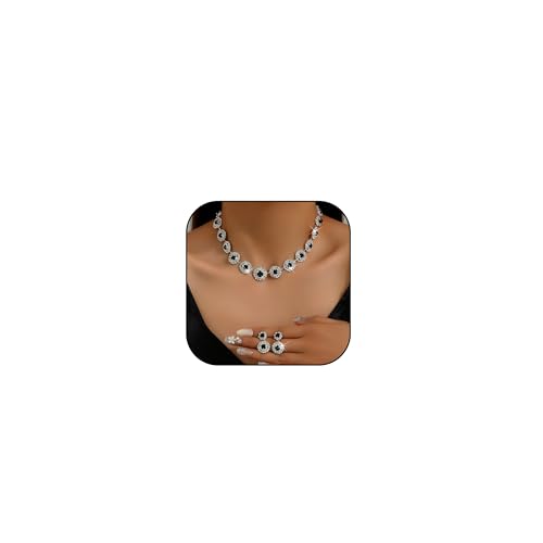 HUASAI Wedding Jewelry Sets for Women Silver Jewelry Set Brides Bridesmaid Rhinestone Crystal Choker Necklace Earrings Bracelet Set Bridal Wedding Prom Jewelry Accessories for Women