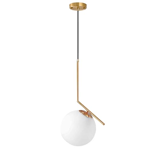 HJXDtech Lampada a sospensione moderna a sfera in vetro bianco, lampada da soffitto in metallo ottone, Lampadario da cucina per soggiorno e sala da pranzo (1-luce)