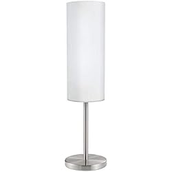 Amazon Lamparas Mesa Salon EGLO Lámpara de mesa Troy 3, lámpara de mista de noche de 1 bombilla, lámpara de noche de acero, color níquel mate, cristaL blanco satinado, zócalo E27, incl interruptor