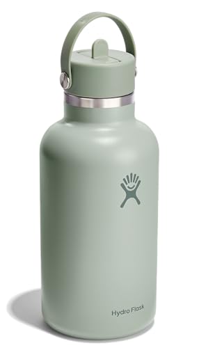 Image of Hydro Flask Water Bottle - Insulated Stainless Steel - Wide Mouth Flex Straw Lid, Non Spill, Leakproof and Refillable in 64 Oz Tonal Agave