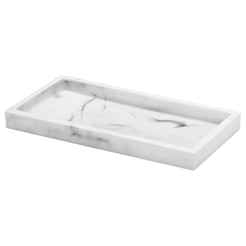 Luxspire Bathroom Vanity Tray, 8 x 4 inch Resin Soap Dispenser Tray Kitchen Sink Tray, Small Marble Tray for Bathroom Countertop Organizer, Soap Dish Sponge Holder, Mini, White Marble Cover