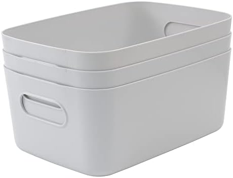 SA Products Set of 3 Storage Box | Grey Storage Boxes With Handle | Rectangular Plastic Storage Baskets | Stylish Cupboard Organiser For Kitchen, Home, Office and Bathroom (Grey)