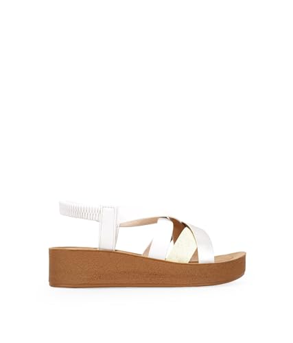 BOSANOVA Sandalias de Mujer en Color Beige con Varias Tiras Cruzadas al Empeine y Suela de cuña Efecto Crepe. Tira Trasera elástica para más sujeción. Calzado para Mujer Beige 38