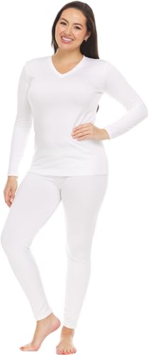 Image of Thermajane Long Johns V Neck Thermal Underwear for Women Fleece Lined Base Layer Pajama Set Cold Weather (White, 2X-Large)