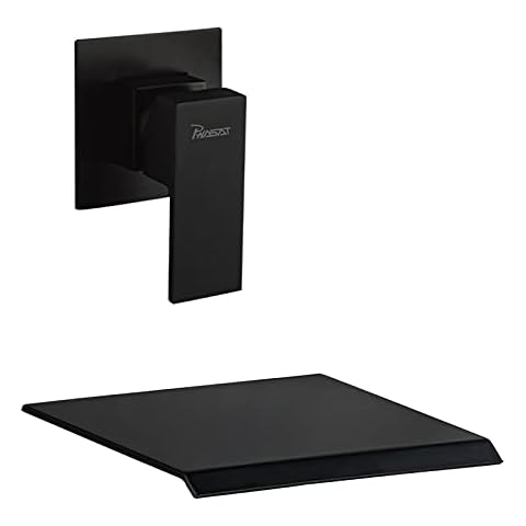 PHASAT Black Wall Mounted Bath Taps Brass Waterfall Basin Mixer Taps with 20cm Wide Spout Bath Filler Taps BB02E Cover