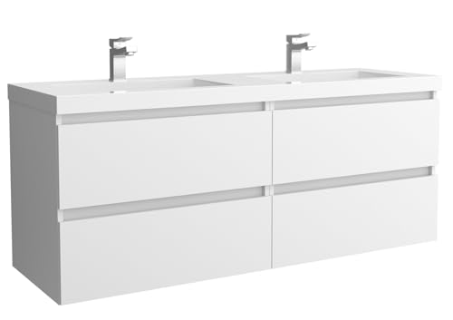 Salgar Mueble de baño Bequia 140 cm 100% montado de fábrica Acabado Mate suspendido 4 cajones Cierre amortiguado Apertura con uñero Lavabo 2 pozas Porcelana Blanco Mate