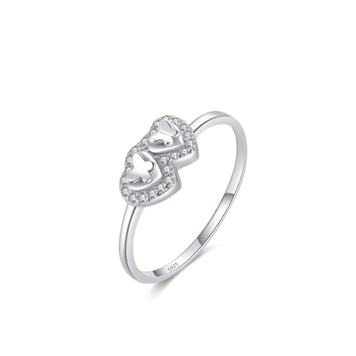 Skcess Ring Frauen 925 Sterlingsilber, Ringe Damen Weiß Zirkonia Ring Doppelherz und Schmetterling Größe 57 (18.1)
