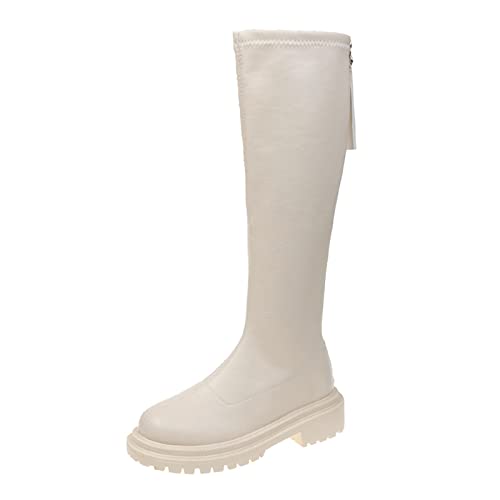 Botas altas para mujer, zapatos de plataforma, botas de tacón alto, zapatos de invierno con forro largo, botas sobre la rodilla, botas de caña ancha hasta la rodilla con cremallera lateral, Blanco, 38