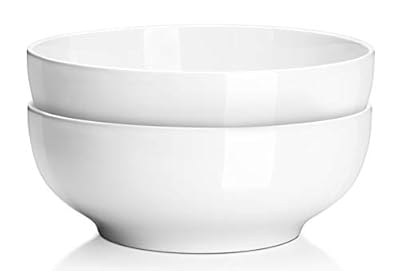 DOWAN 9.5" Large Serving Bowls, 2.8 Quart Big Salad Bowls, Porcelain Pasta Bowl Set, Sturdy Mixing Bowls, Microwave & Dishwasher Safe, Deep Soup Bowl for Family Kitchen, White Bowls, Set of 2