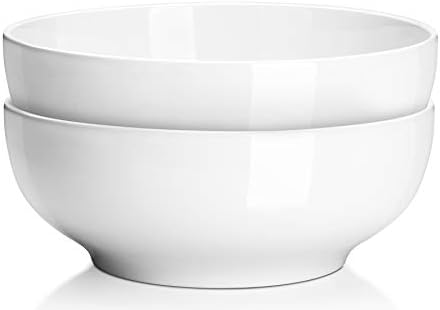 DOWAN Serving Bowls, Large Salad Bowls, 9.5" White Ceramic Pho Bowls for Kitchen, Entertaining, Side Dishes, Pasta, Dinner Parties, Kitchen Decor, Microwave & Dishwasher Safe, Easy Clean