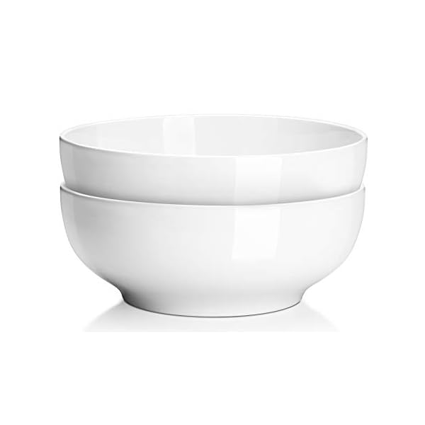 DOWAN Serving Bowls, Large Salad Bowls, 9.5" White Ceramic Fruit Bowls for Entertaining, Side Dishes, Pho, Pasta, Dinner Parties, Kitchen Decor, Microwave & Dishwasher Safe, Easy Clean