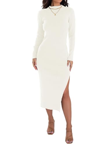 Image of ZESICA Women's 2026 Ribbed Knit Dress Long Sleeve Mock Neck Slim Fit Side Slit Fall Elegant Sweater Dresses