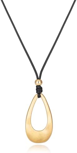 ESALIA Brushed Gold Plated Classic Teardrop Pendant Long Necklace for Women, Adjustable Length Brown Wax Cord Sweater Chain Fashion Jewelry Gifts (Brushed Gold+Blk Cord)