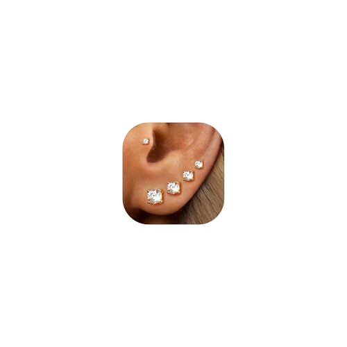 5 Pairs 14K Gold Plated Stud Earrings for Women, Hypoallergenic Earring Sets for Multiple Piercing, Premium Cubic Zirconia Studs Earrings for Women