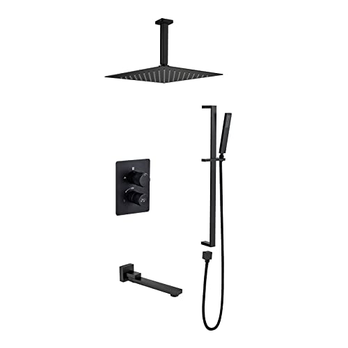 JESMVLPUTD Kit de Grifo de Ducha, Sistema de Ducha con Pantalla de Temperatura, Juego de Grifo de Ducha, Juego de Mezclador de Ducha Oculto con Ducha de Mano de latón y Cascada de 25 cm