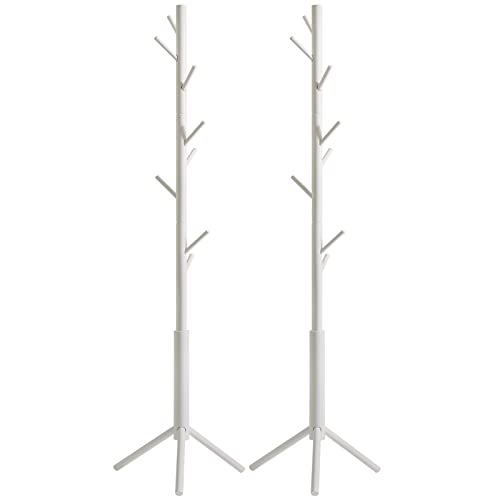 YMYNY 2 Piezas Perchero de Pie, 175CM Perchero Tipo Árbol, Colgador con 8 Ganchos, para Pasillo, Entrada, Dormitorio, Madera de Caucho, Ropa, Bolsos, Blanco HCR001W-2