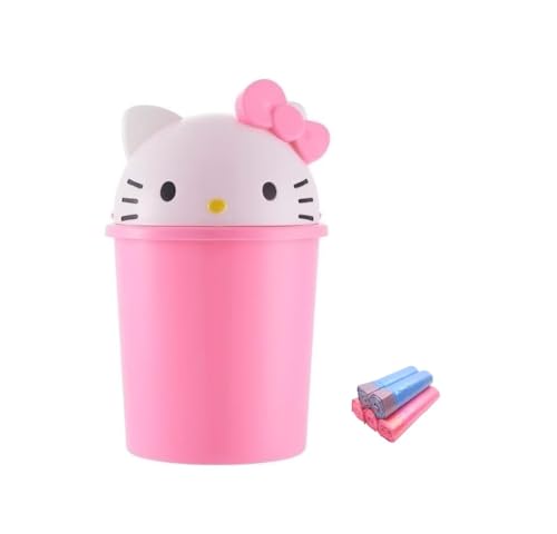 QIA9098 Lovely Pink Color Girls Kawaii Kitty Trash Can with Lid, Cartoon Wastebasket Trash Bin for Bedroom, Bathroom, Kitchen, Living Room, Home & Kitchen (+ 75PCS Pink Trash Bags)