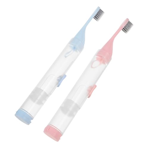 Cepillo de dientes plegable para camping y senderismo, juego portátil de 2 piezas azul y rosa