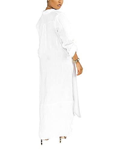Women Casual Half Sleeve Patchwork Blouse Maxi Dresses Cardigan Button Down Ankle Length Side Slit Dress M White #TOP1