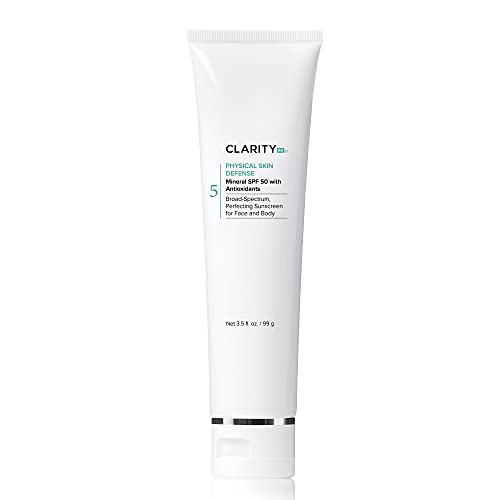 ClarityRx Physical Skin Defense Tinted Mineral SPF 50 Moisturizing Sunscreen, Natural Plant-Based Water-Resistant UV Protection with Zinc & Hyaluronic Acid for Face & Body (3.5 oz)