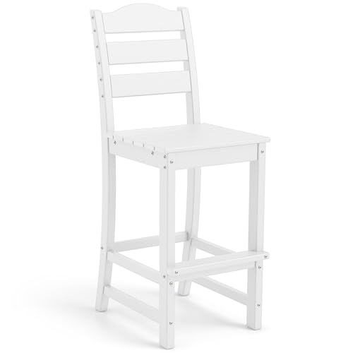 Image of Tangkula Patio HDPE Barstool, Outdoor High Top Bar Chair w /Backrest & Footrest, All-Weather Wood-Plastic Bar Height Chair for Poolside, Backyard, Porch (1, White)