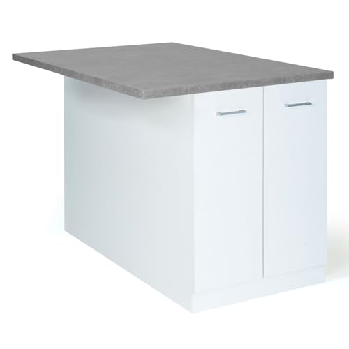 IDMarket - Ilot Central IVO 120 cm Blanc avec Plan de Travail Effet béton