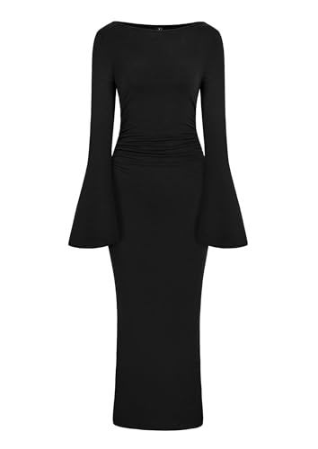 PRETTYGARDEN Maxi Dresses for Women 2025 Elegant Classy Fall Long Bell Sleeve Ruched Bodycon Fitted Cocktail Party Slit Dress (Black,Small)