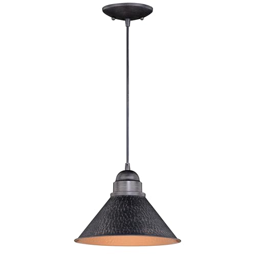 VAXCEL Outland Rustic Farmhouse 1-Light Barn Dome Pendant Light Fixture for Porch or Patio, Indoor/Outdoor Hammered Steel Hanging Ceiling Porch Light, Aged Black, 10" W x 7.5" H x 10" D