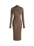 CIDER Long Sleeve Dress for Women High Neck Ribbed Knit Bodycon Ruched Midi Dress Cocktail Party Sweater Solid Dress Brown