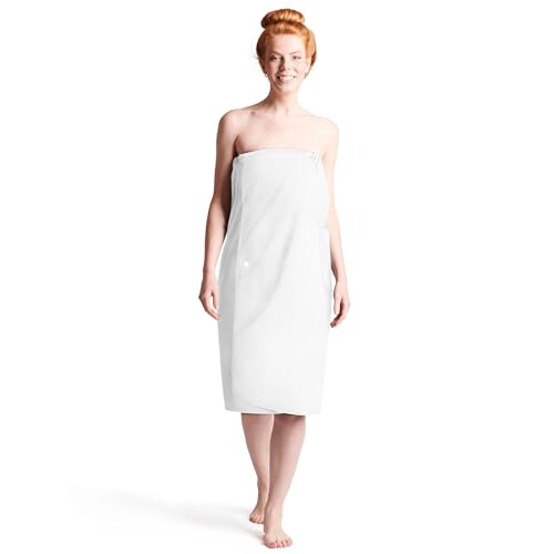 Aomig Saunakilt Damen Sauna Zubehör Saunahandtuch 80*140Cm mit Knopffrottee Saunarock Elastische Taschen Saunakleid Damen Grösse Anpassen Saunatuch Hamamtuch Saunakilt Tragbar Badetuch Frauen (Weiß)