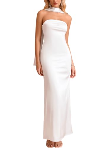 EYNMIN Women's Tube Maxi Dress with Scarf Satin Strapless Elegant Long Formal Wedding Guest Dresses