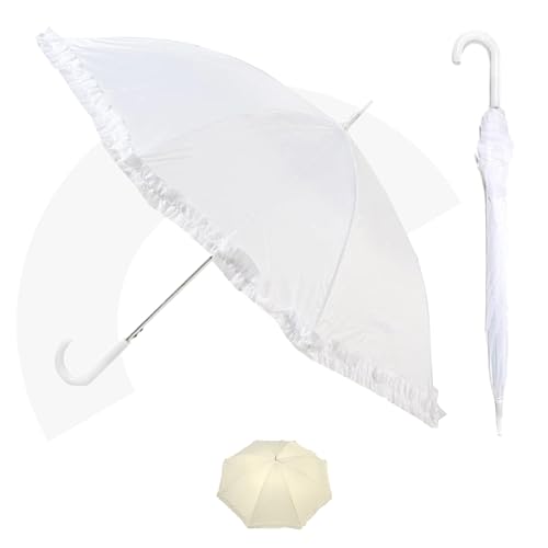 Frill Wedding Umbrella – Vintage Style Wedding Umbrellas with Frill, Large, Long Handle, Waterproof, Sun Protection, White Summer Wedding Umbrella