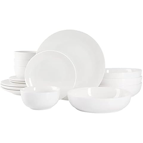 Gibson Home Amelia Court Double Bowl Porcelain Dinnerware Set, Service for 4 (16pcs), White (Coupe) Cover