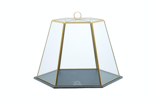 Artesà Geometric Glass Cake Dome, Cheese Dome with Lid, Slate Serving Board, 31 x 27.5 x 25cm, Brass Effect