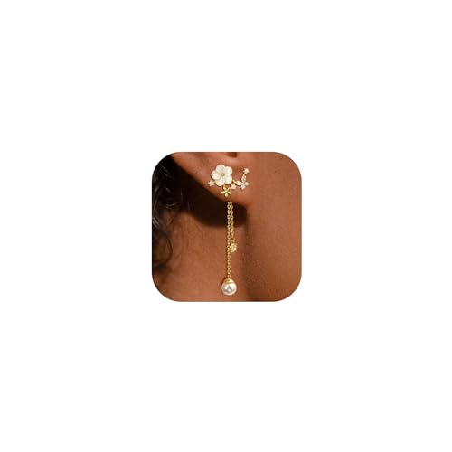 Boucles d'oreilles longues en or pour femme,Ornées de fleurs élégantes– Bijoux fantaisie raffinés pour femmes, boucles d’oreilles perles mariage, soirée,...