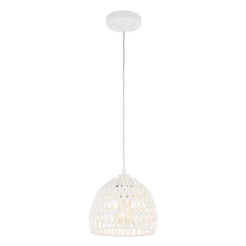 Image of JONATHAN Y 8.25 inch White Modern Bohemian Woven Rope LED Pendant Light Fixture, Adjustable Dome Ceiling Lamp for Kitchen Island, Rope Shade, Coastal Farmhouse Decor (JYL6512A)