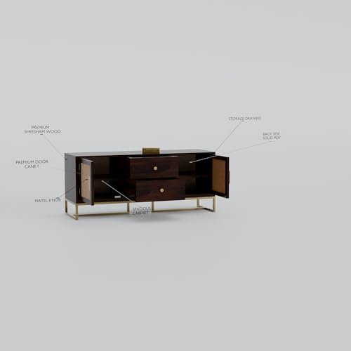 Image of Sheesham Wood Wooden tv Unit for Living Room 55 inch TV Furniture - Entertainment Unit Solid Wood tv Table for Living Room 55 inch TV Console with 2 Drawers, 4 Shelves & Ratan Door