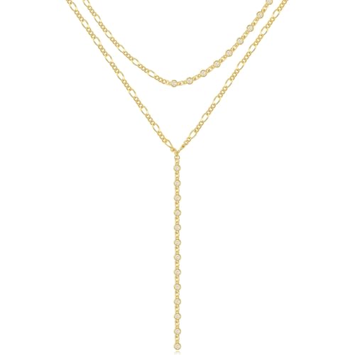 KissYan Gold Long Necklace for Women, 14K Gold Plated Lariat Chain Dainty Layered Y Shaped CZ Drop Pendant Choker Necklaces Fashion Jewelry Gifts