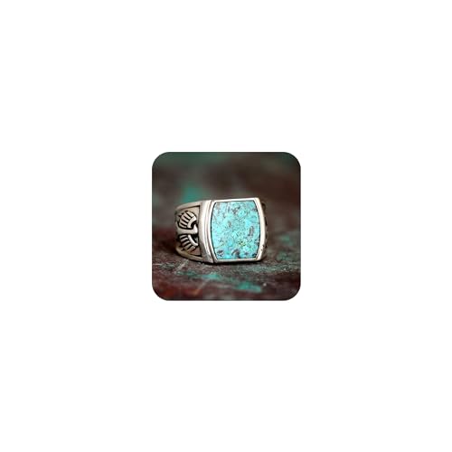 SUKKCCNO Vintage 925 Silver Hawk Turquoise Ring for Men Turkey Handmade Engrave Classic Eagle Ring Boho Square Nartual Stone Rings Jewelry Gift for Women and Men 10