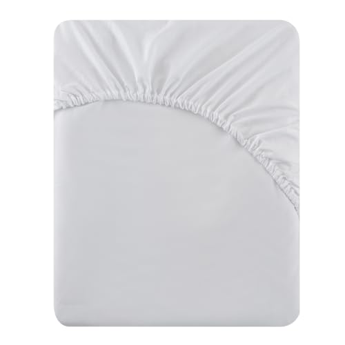 Soifox Double Fitted Sheets 40 cm Extra Deep Pocket White Bed Sheets 16 inch, Soft Microfiber Bottom Sheet for Double Bed 135x190cm