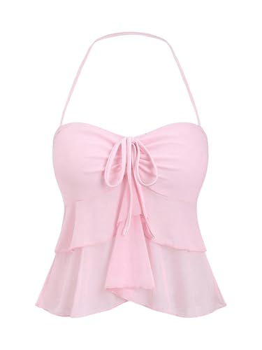 SHENHE Women's Layered Ruffle Top Ruched Backless Babydoll Peplum Tank Cute Summer Top Pink Medium