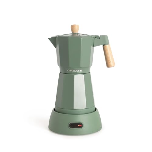 CREATE / THERA MOKA ELECTRIC/Cafetera italiana eléctrica verde sage/Función de mantener caliente, 300 ml, capacidad de 6 tazas, retiene el calor, base 360º, fácil de limpiar y libre de BPA, 480W