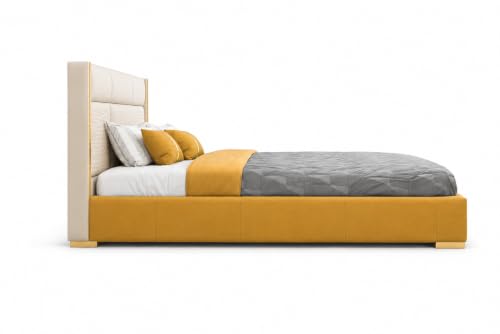 Image of Royal Modern Upholstered Queen Size Bed with Hydraulic Storage for Bedroom | Wooden Double Beds for Home & Hotels | Platform Cot Bed with Upholstery Fabric, 6.5 x 5 Ft | Sheesham, White-Gold