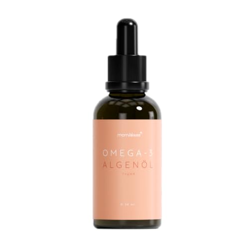 mombloom Omega 3 - Aceite de algas veganas para embarazadas, lactantes y deseos de niños, 20 ml, DHA (409 mg) y EPA (205 mg), probado en laboratorio, pipeta con escala dosificadora, cristal UV (romero
