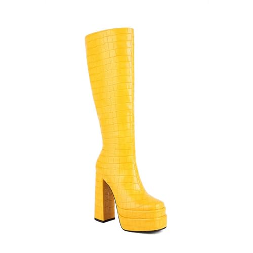 Bottes hautes à talons épais 14cm à plateforme et bout carré pour femme avec zip