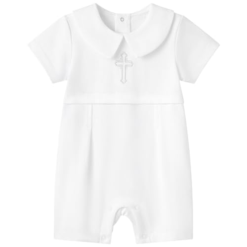 pureborn Baby Boys Baptism Romper Short Sleeve Cotton Christening Outfit One-Piece Coverall White 6-9 Months
