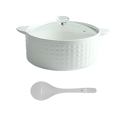 WEMUBSU Ceramic Serving Soup Tureen with Glass Lid and Ceramic Ladle Set 2L Large Porcelain Serving Soup Bowls for Home Kitchen Restaurant Decoration, White, 2 Quart, Modern